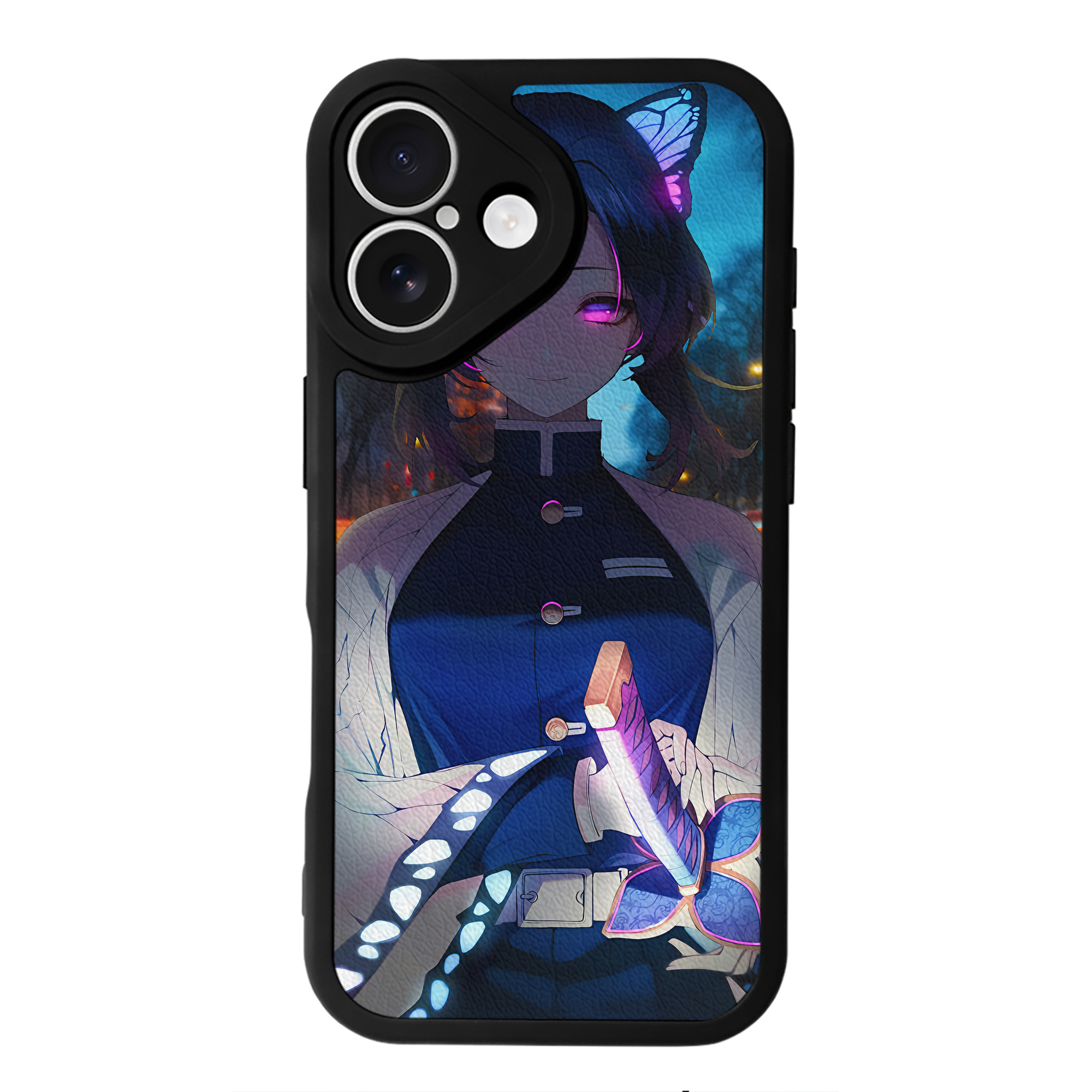 （画像用） 鬼滅の刃（きめつのやいば）蟲柱-胡蝶 しのぶ／こちょう しのぶ Kochou Shinobu 【iPhone 16シリーズ対応】シリコンスマホケース（レザー調） 材質：シリコン